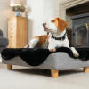 Jet black faux sheepskin topper and round wooden feet for Topology dog bed