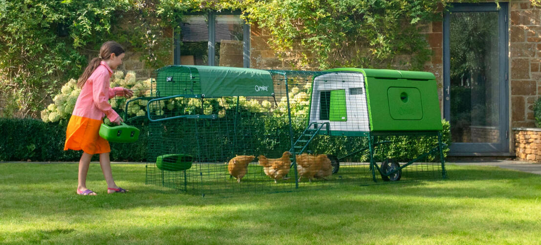 Young girl feeding hens in a green Cube chicken coop with a run and cover