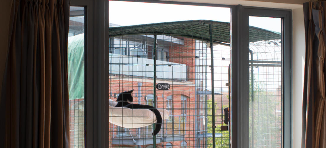 A cat lying on a bed inside a cat balcony