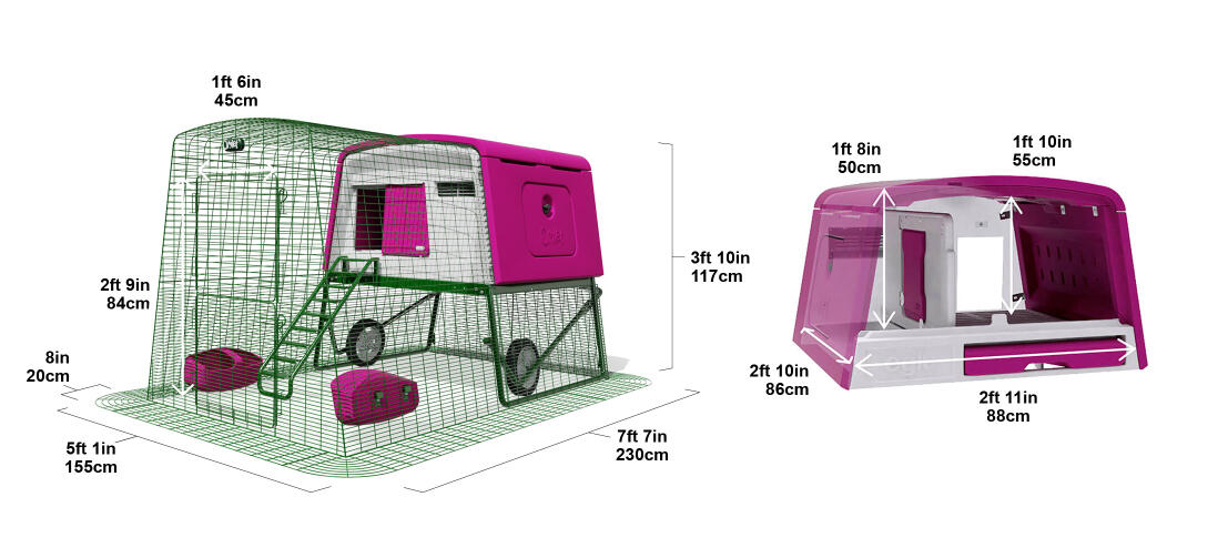 Image showing dimensions of Eglu Cube and run with raccoon resistant mesh.
