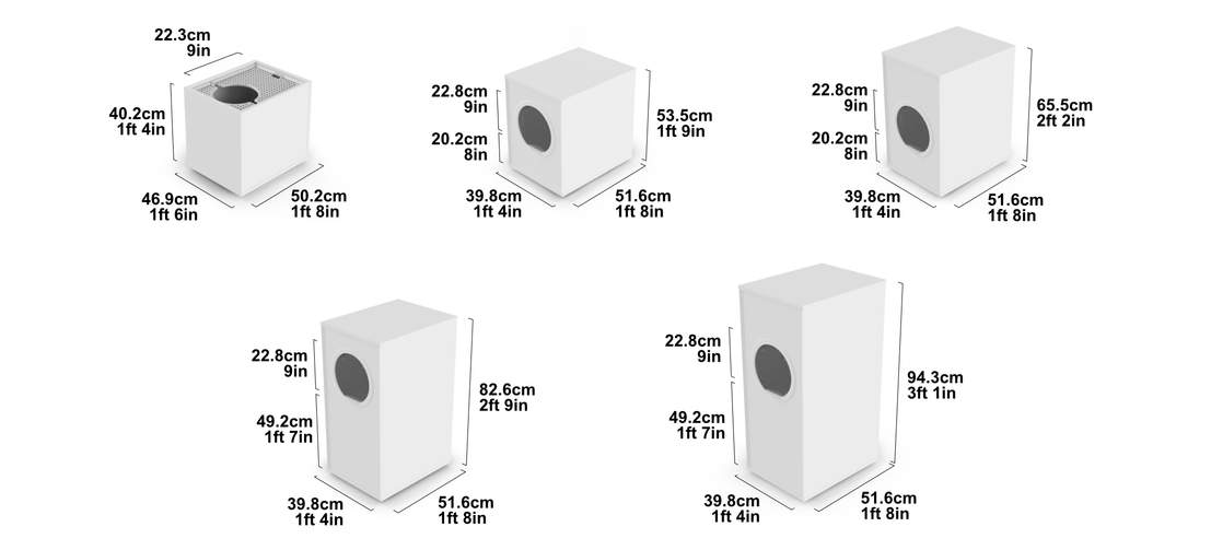 An image displaying all dimension sizes for the Maya cat litter box