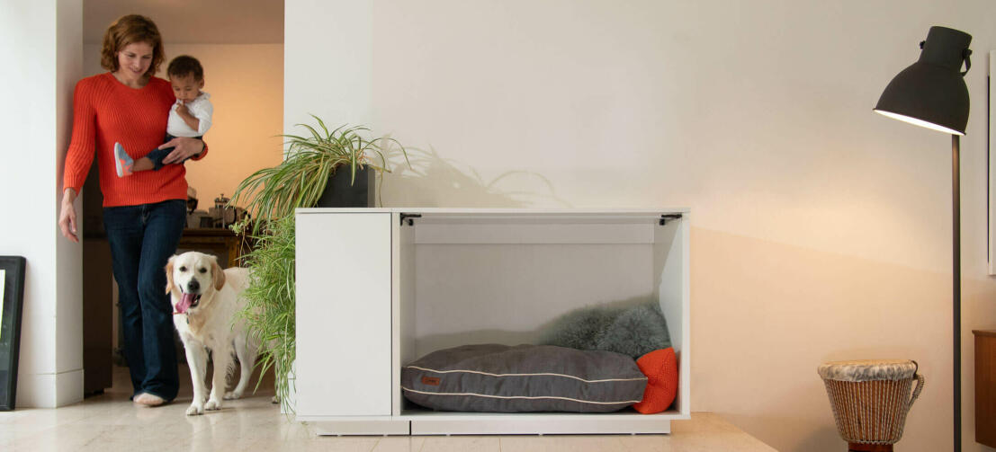 Fido Nook Lux ury dog crate complements modern and traditional interiors