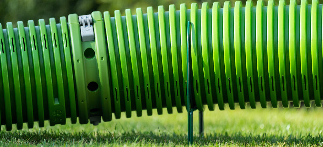 Close up of green Zippi tunnel being raised up from lawn by Zippi support hoops.