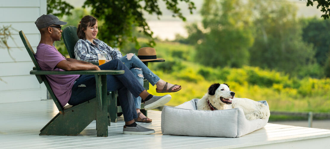Dog resting on corduroy pebble nest dog bed on porch, with owners sat behind them on wooden chairs.