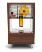 A dark wood Qute with storage and legs