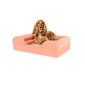 Dog sitting on medium peach pink memory foam bolster dog bed
