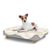 Dog sitting on a small Topology dog bed with sheepskin topper and wooden round feet