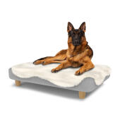 Dog sitting on a large Topology dog bed with sheepskin topper and wooden round feet