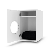 Indoor cat house furniture with black Maya donut bed for cats inside with door open