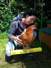 A woman holding a brown chicken on a yellow chicken swing in a walk in run