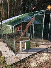 An automatic chicken coop opener mounted on a wired enclosure