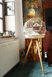 A Golden and white bird cage in the corner of a room