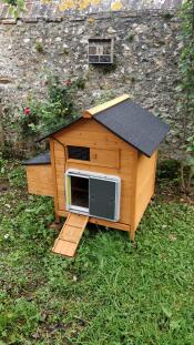 Automatic door on wooden henhouse