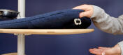 Closeup of blue cushion on a cat tree platform