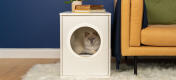 Cute white fluffy cat sitting inside of Maya indoor cat house next to sofa