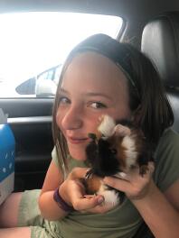 Young girl in the bac of a car holding a guinea pig named luna