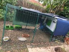 A large green chicken coop with a run attached and covers over the top