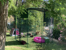 A large rabbit enclosure in a green garden