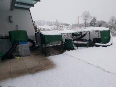 Omlet green Eglu Cube large chicken coop and run in the Snow