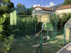Omlet green Eglu Cube large chicken coop in Omlet walk in chicken run in garden