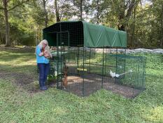 An outdoor chicken run covered with an opaque cover