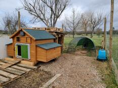 A large wooden chicken coop with an Omlet automatic door opener attached.