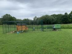 A large walk-in run on uneven ground, linked to a chicken coop