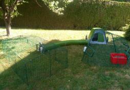 Omlet green Eglu Go rabbit hutch and run connected to Omlet Zippi rabbit playpen with Omlet Zippi tunnel