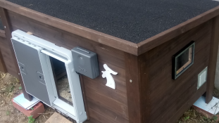 A wooden chicken house with an Omlet Autodoor opener attached.