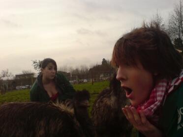 This is me and my friend Becky, out feeding the emu's.