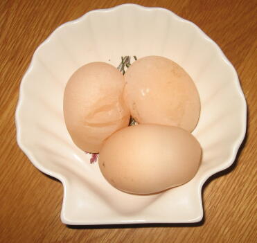 3 eggs laid by the same hen, Caramel, on one day as you can see 2 of them are soft shelled.