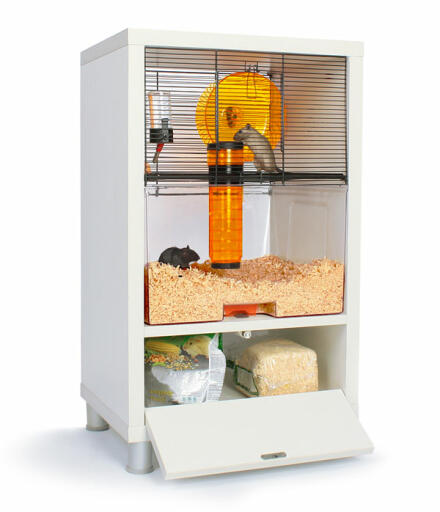 White Qute hamster cage with storage open
