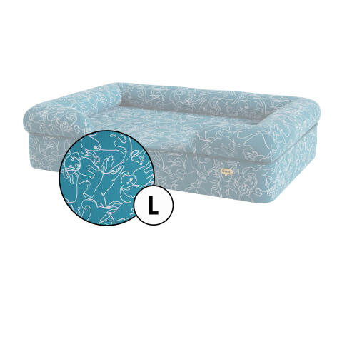 Large bolster dog bed cover in teal doodle dog print by Omlet.