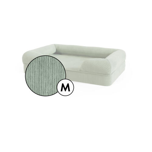 Medium bolster dog bed corduroy cover in moss green shade by Omlet.