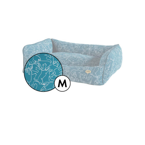 Medium nest dog bed cover in teal doodle dog print by Omlet.