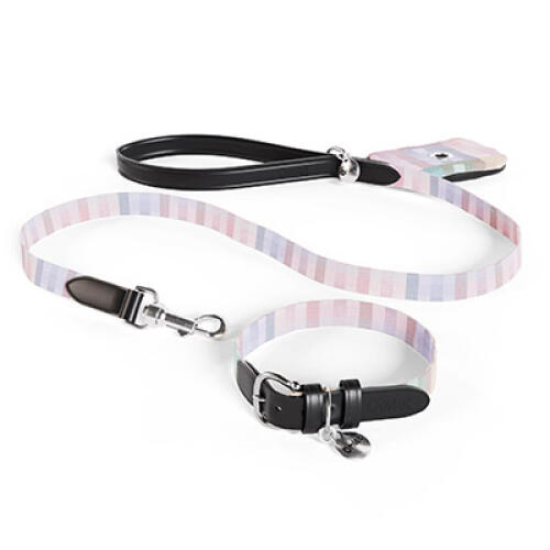 Dog lead, collar and poop bag holder in multicoloured prism kaleidoscope print by Omlet.