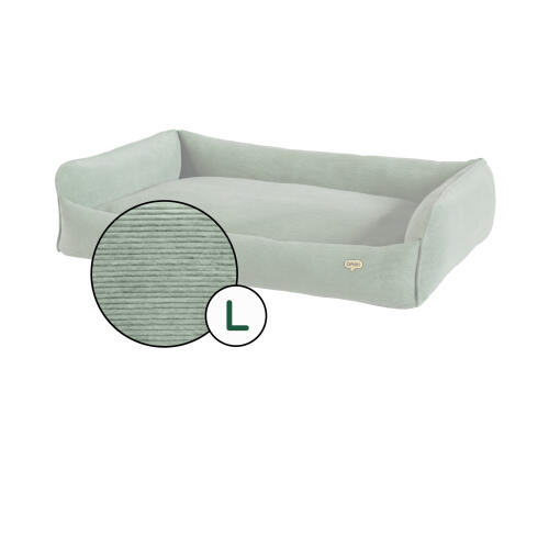 Large nest dog bed corduroy cover in moss green shade by Omlet.