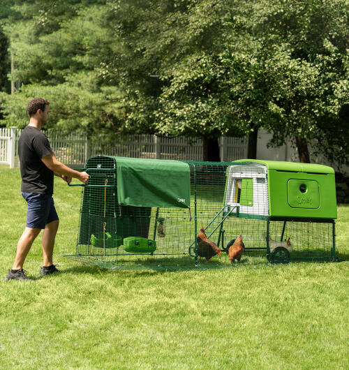A man moving his Eglu Cube chicken coop