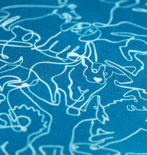 Closeup of hand drawn blue dog bed