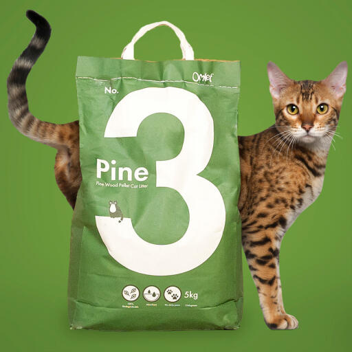 A bag of pine cat litter with a cat standing behind.
