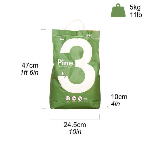 Pine cat litter bag showing dimensions