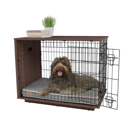 A dog sitting inside an Omlet Fido Studio walnut dog crate.