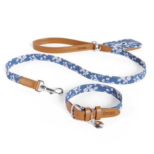 Dog lead, collar and poop bag holder in blue floral gardenia porcelain print by Omlet.