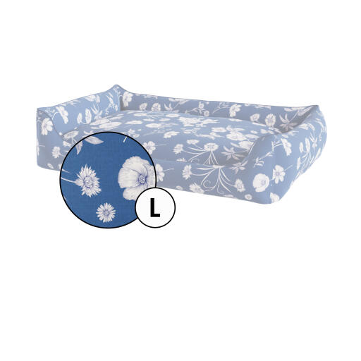 Medium nest dog bed cover in blue floral gardenia porcelain print by Omlet.