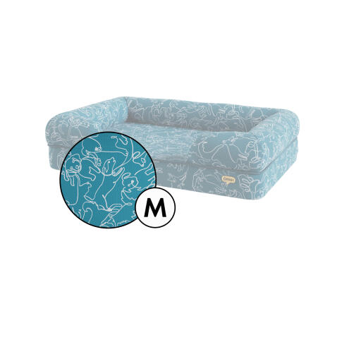 Medium bolster dog bed cover in teal doodle dog print by Omlet.