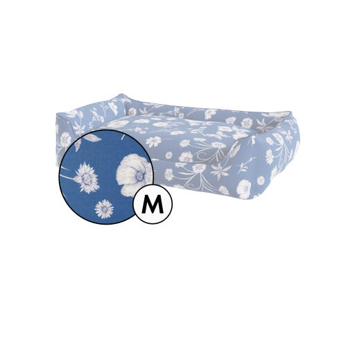 Medium nest dog bed cover in blue floral gardenia porcelain print by Omlet.