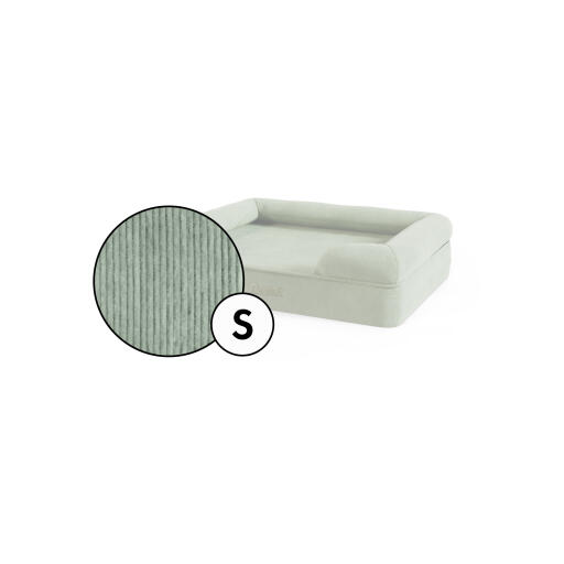 Small bolster dog bed corduroy cover in moss green shade by Omlet.