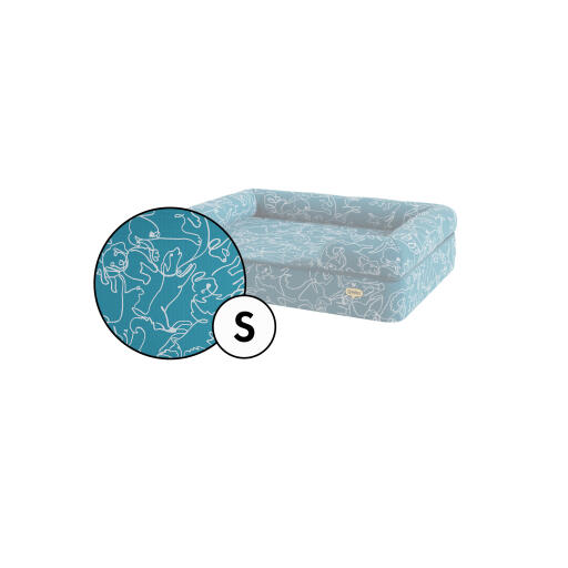 Small bolster dog bed cover in teal doodle dog print by Omlet.