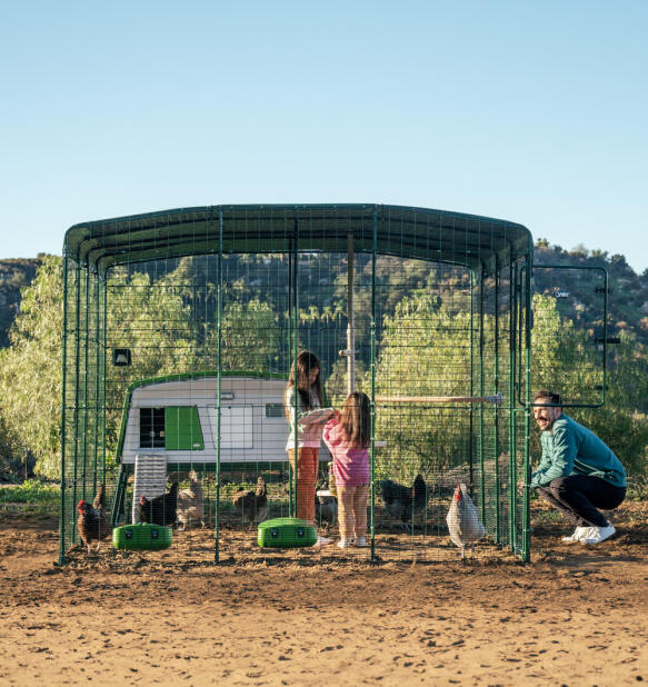 Family with their Eglu pro chicken coop and walk in run set up with smart enabled Autodoor