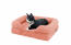 Cat laying in peach pink bolster bed for cats Cat laying in peach pink bolster bed for cats